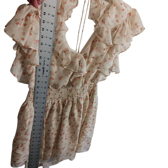 Sabo Skirt, Mini Dress, Ruffled, Open Back, Cream/Orange Floral, Size Medium - Picture 13 of 16